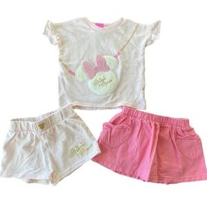 Baby Girls Minnie Mouse Outfit Set 18 Months Pink Cute Disney Top Skirt Shorts